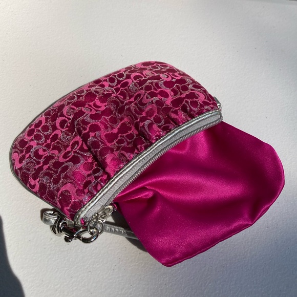 Coach Pink Optic Glitter Sparkle Signature C Print Pleated Wristlet Mini Bag - Picture 11 of 17